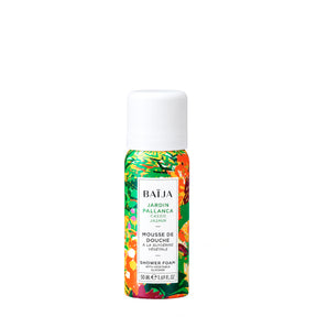 Packshot de la mousse de douche Baïja Jardin Pallanca 50 ml à la glycérine végétale, parfum cassis et jasmin, présenté sur fond blanc.