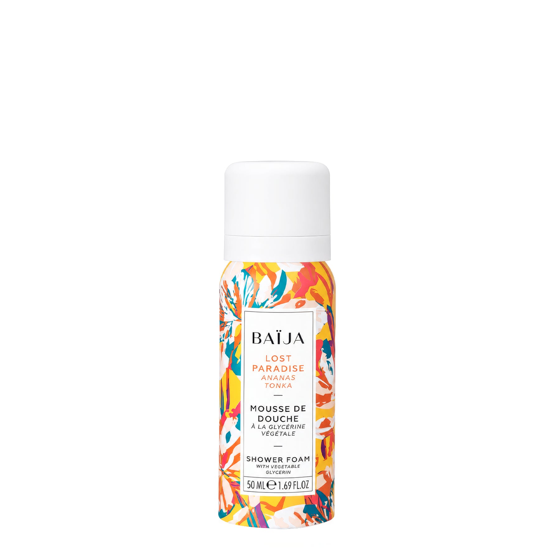 Packshot de la mousse de douche Baïja Lost Paradise 50 ml à la glycérine végétale, parfum ananas et fève tonka, présenté sur fond blanc.