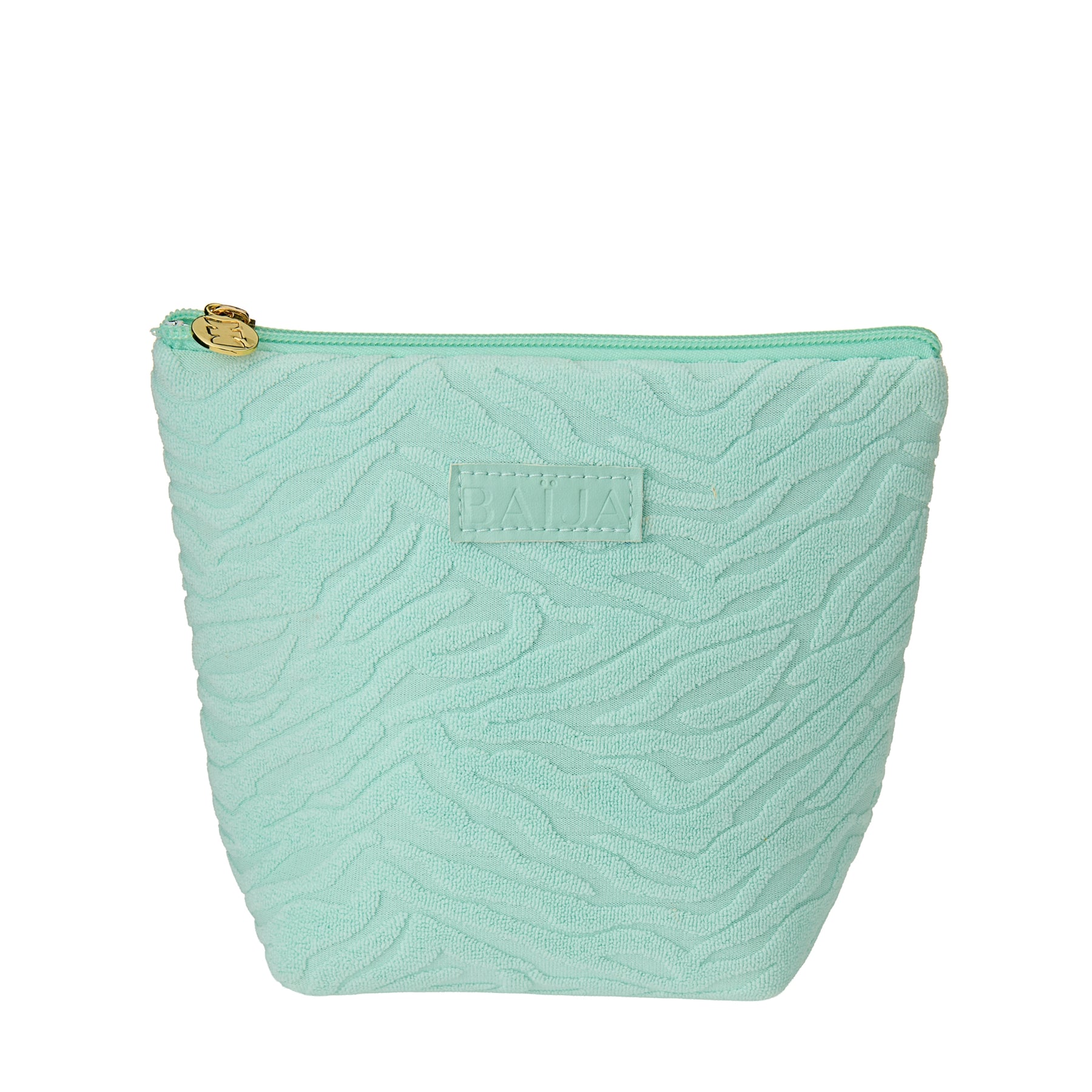 Trousse de toilette Baïja en tissu éponge vert d’eau au motif texturé, dotée d’une fermeture zippée dorée, idéale pour ranger ses essentiels beauté et soins.