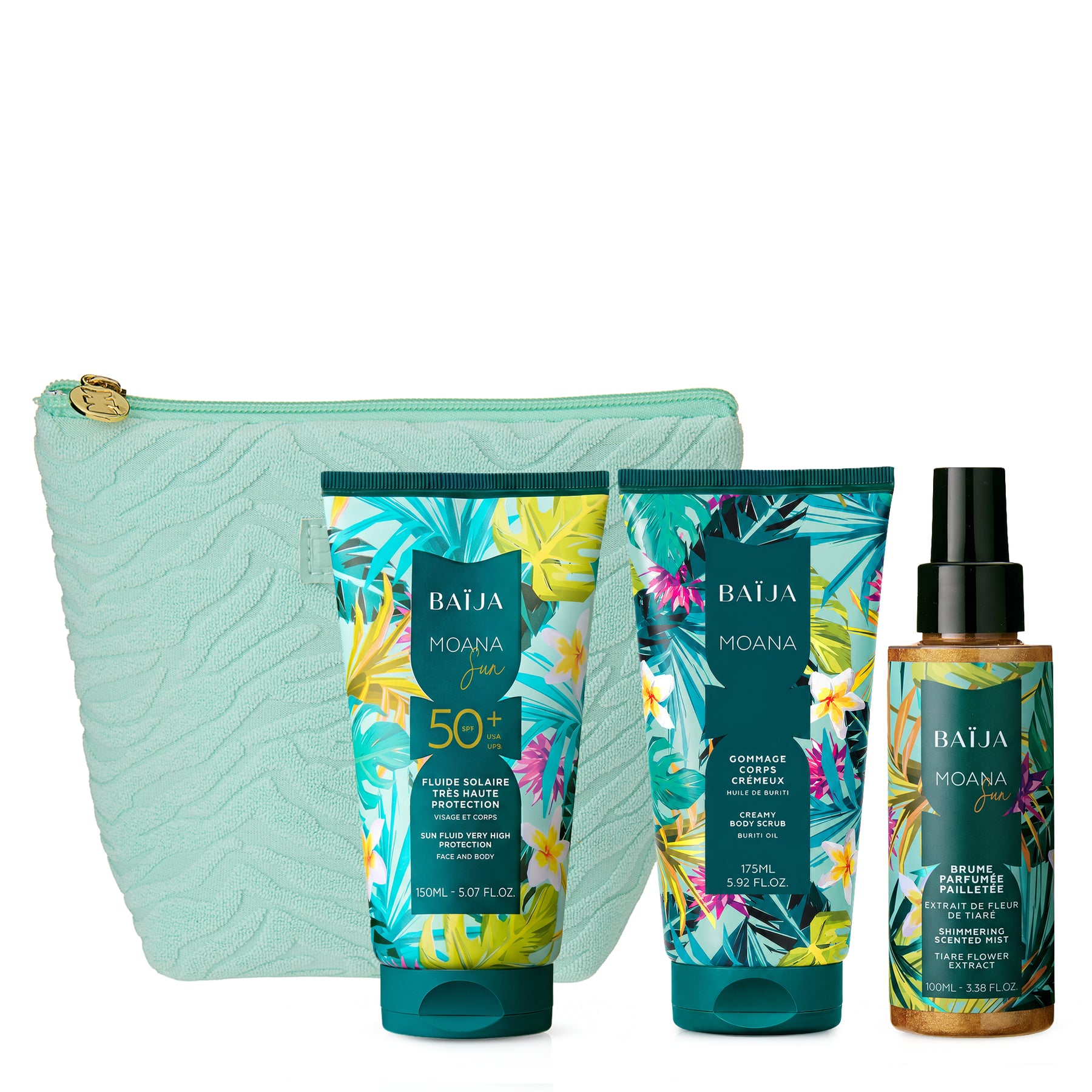 Coffret Baïja Moana Sun avec trousse de toilette, fluide solaire SPF50+, gommage corps crémeux et brume parfumée pailletée.