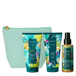 Coffret Baïja Moana Sun avec trousse de toilette, fluide solaire SPF50+, gommage corps crémeux et brume parfumée pailletée.