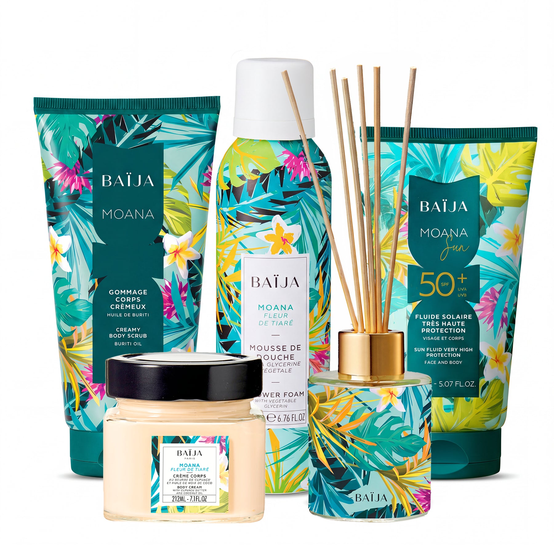 Rituel Baïja Moana réunissant gommage corps, mousse de douche, crème corps, fluide solaire SPF50+, diffuseur de parfum et trousse de toilette.