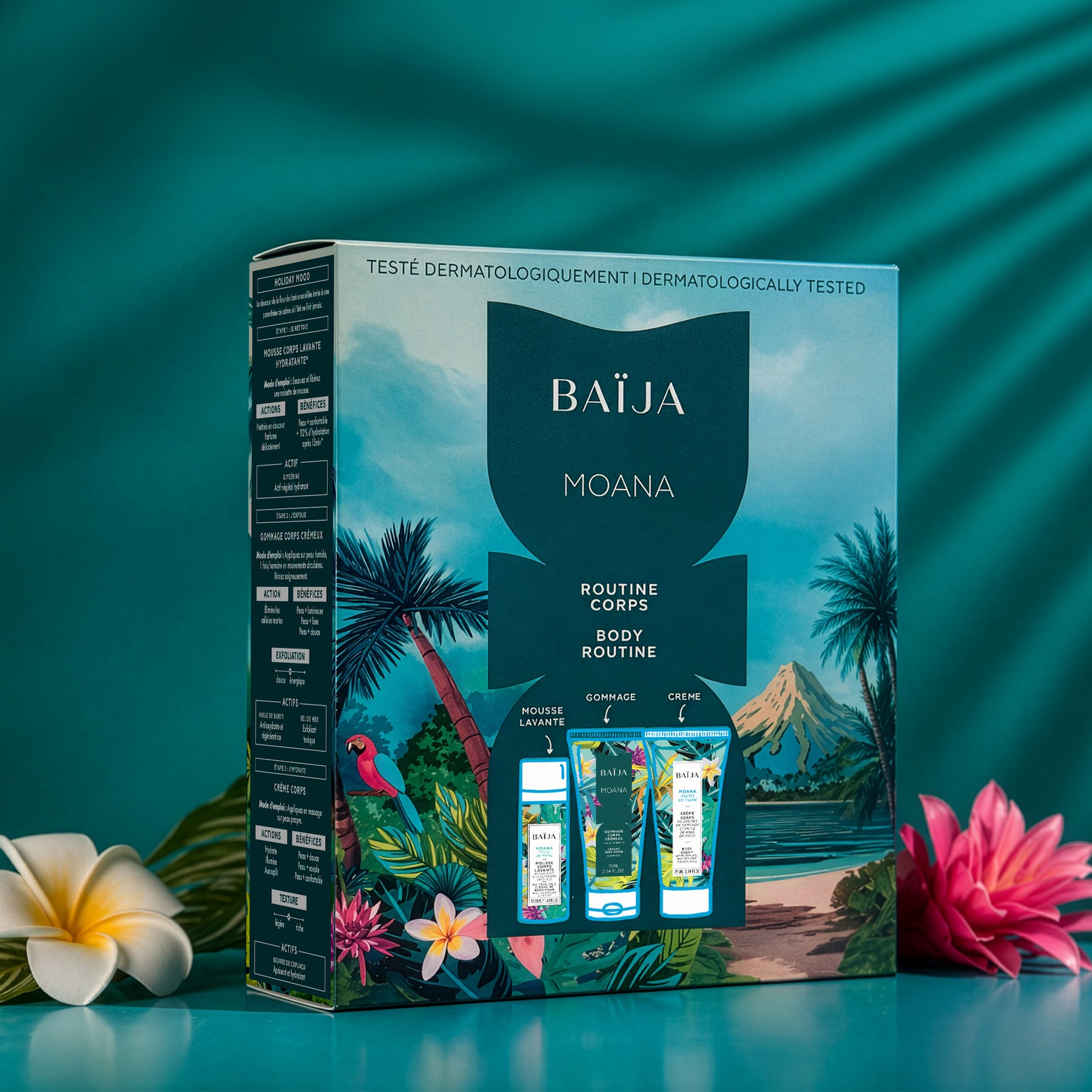 Coffret Baïja Moana Body Routine comprenant mousse lavante, gommage et crème corps dans une ambiance tropicale inspirée des îles.