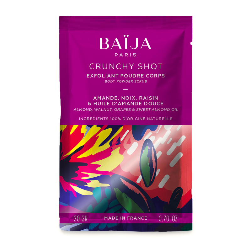Exfoliant corps Crunchy Shot baïja : sachet de 20 g, sur fond blanc.