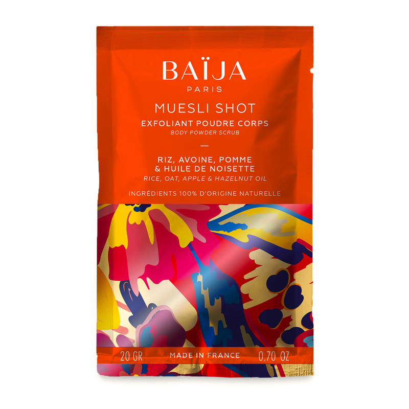 Exfoliant corps Muesli Shot baïja : sachet de 20 g, sur fond blanc.