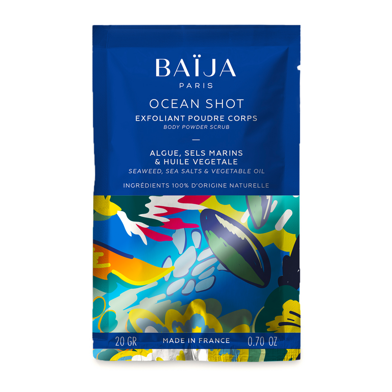 Exfoliant corps Ocean Shot baïja : sachet de 20 g, sur fond blanc.