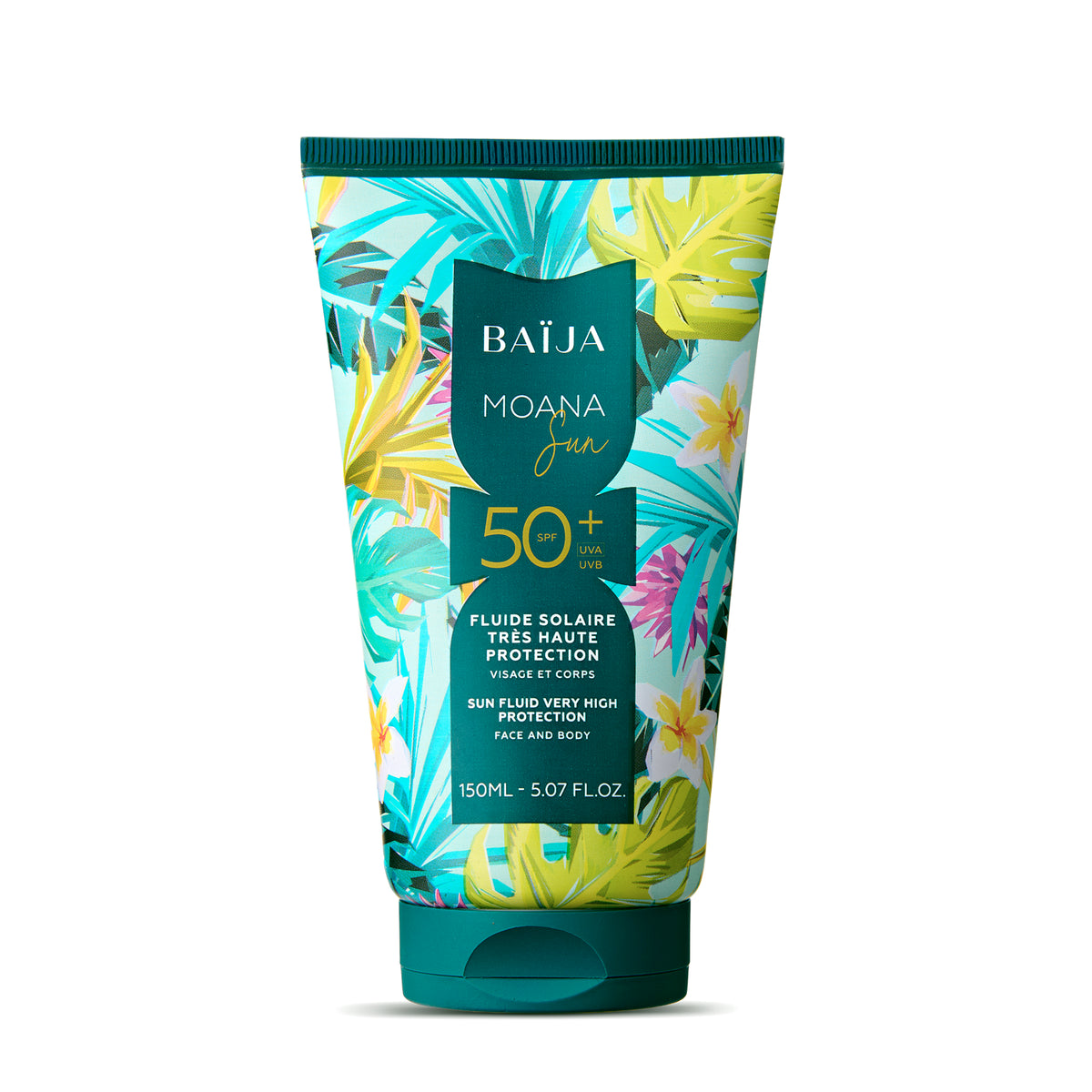 Tube de fluide solaire SPF50+ Baïja, très haute protection UVA UVB pour visage et corps, packaging tropical coloré sur fond blanc