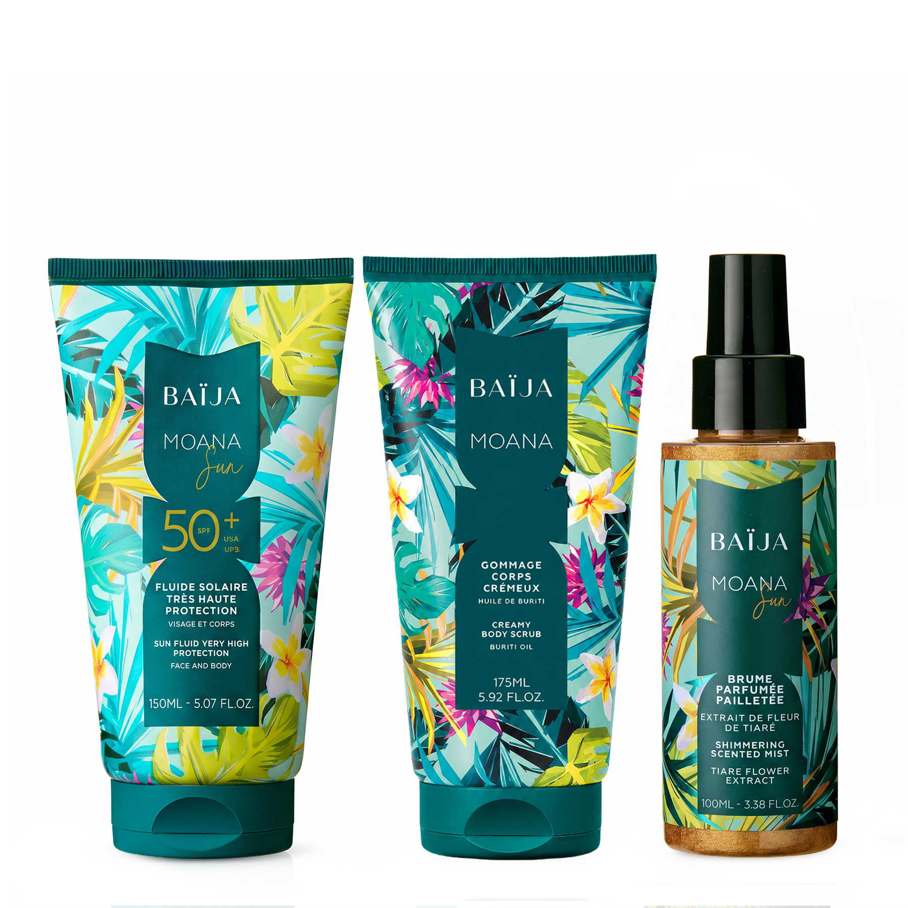 Gamme Baïja Moana Sun composée d’un fluide solaire SPF50+, d’un gommage corps crémeux et d’une brume parfumée pailletée.