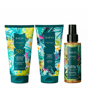 Gamme Baïja Moana Sun composée d’un fluide solaire SPF50+, d’un gommage corps crémeux et d’une brume parfumée pailletée.