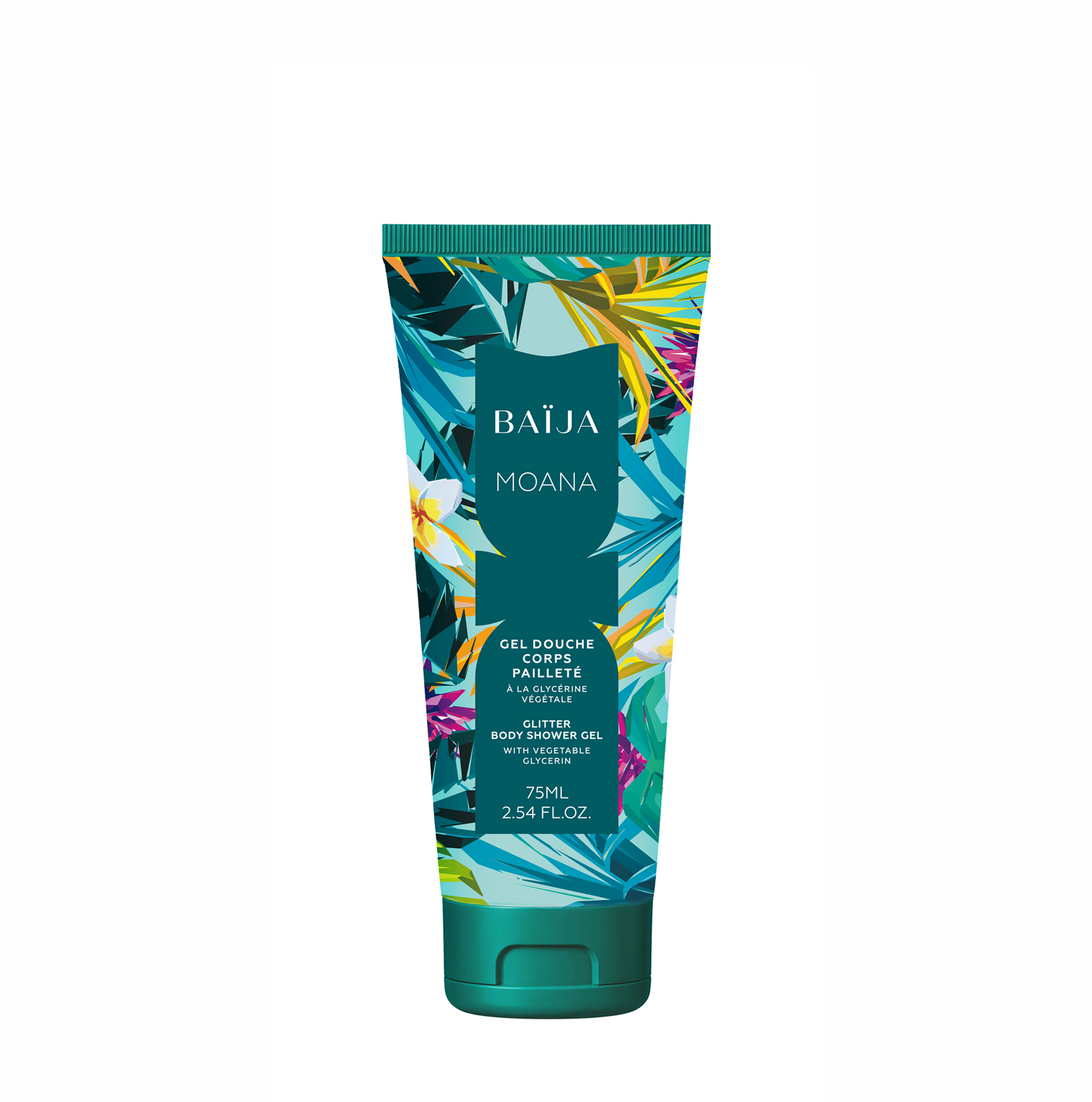 Gel douche corps pailleté Baïja Moana à la glycérine végétale, format voyage 75 ml, pour nettoyer et illuminer délicatement la peau.