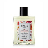 Packshot du gel douche Été à Syracuse de Baïja, parfumé à la fleur d’oranger et enrichi en extrait de karité. Présenté dans un flacon transparent de 300 ml contenant un gel jaune pâle, avec un bouchon noir et une étiquette blanche ornée de motifs floraux aux nuances orangées, rouges et roses. Le produit est photographié de face sur fond blanc.