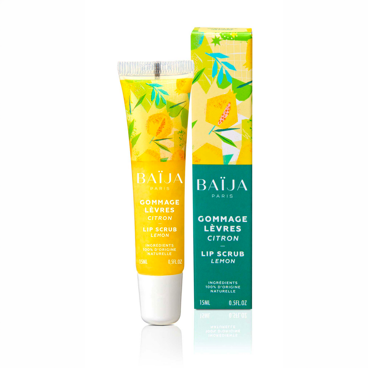 Gommage pour les lèvres au citron de Baïja, formulé avec des ingrédients 100 % d'origine naturelle. Présenté dans un tube jaune de 15 ml avec bouchon blanc, accompagné de son étui assorti. Le packaging lumineux est décoré de citrons jaunes et de feuillages verts et turquoise. Les deux éléments sont photographiés de face sur fond blanc.