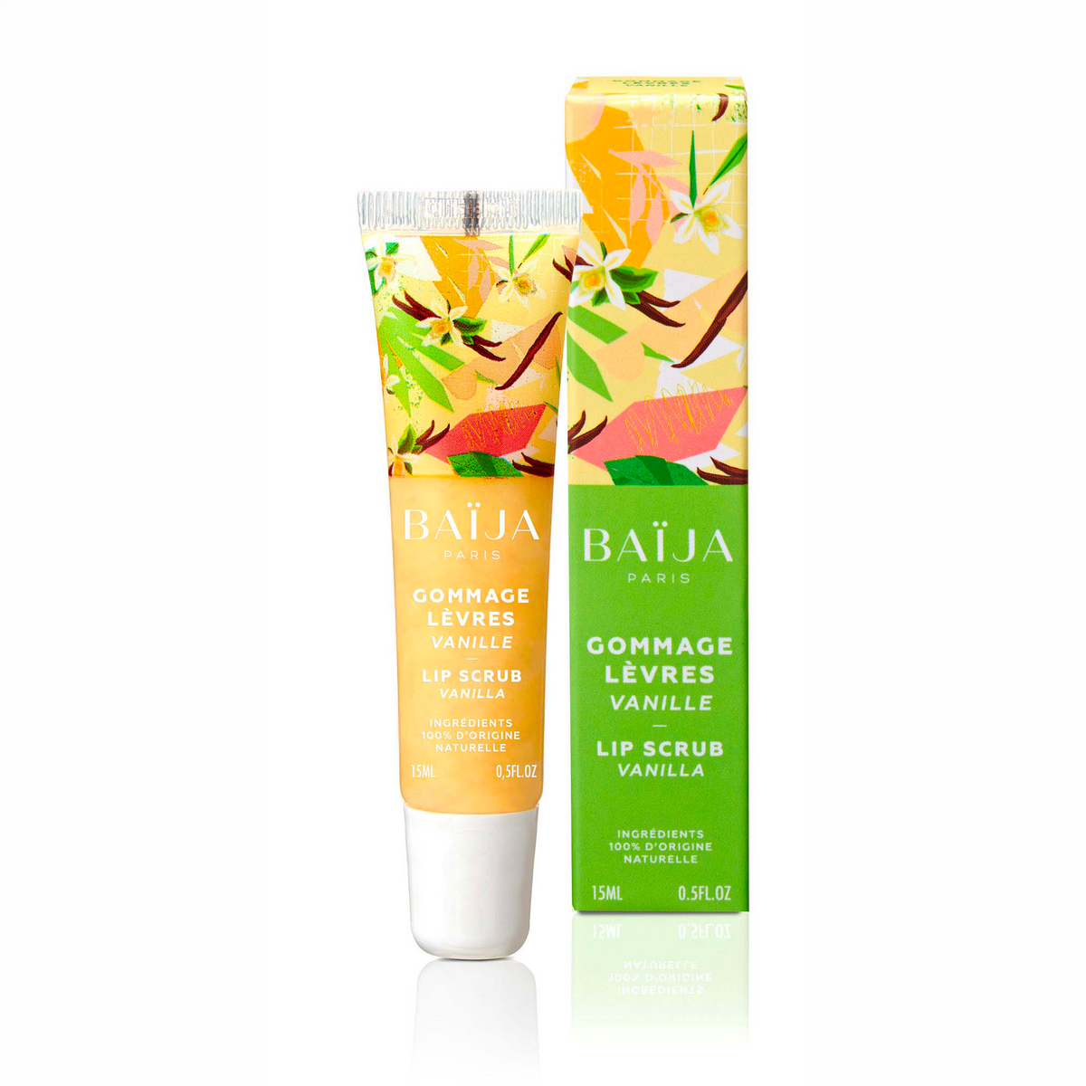 Gommage pour les lèvres à la vanille de Baïja, composé d'ingrédients 100 % d'origine naturelle. Présenté dans un tube jaune doré de 15 ml avec bouchon blanc, accompagné de son étui vert. Le packaging est illustré de fleurs et de gousses de vanille, associées à des motifs végétaux jaunes, verts et roses.