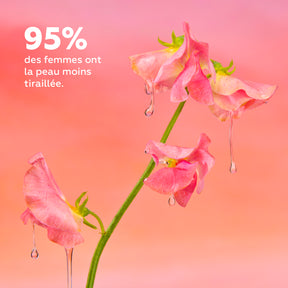 Fleurs délicates couvertes de gouttes d’huile évoquant la nutrition et la souplesse de la peau après application