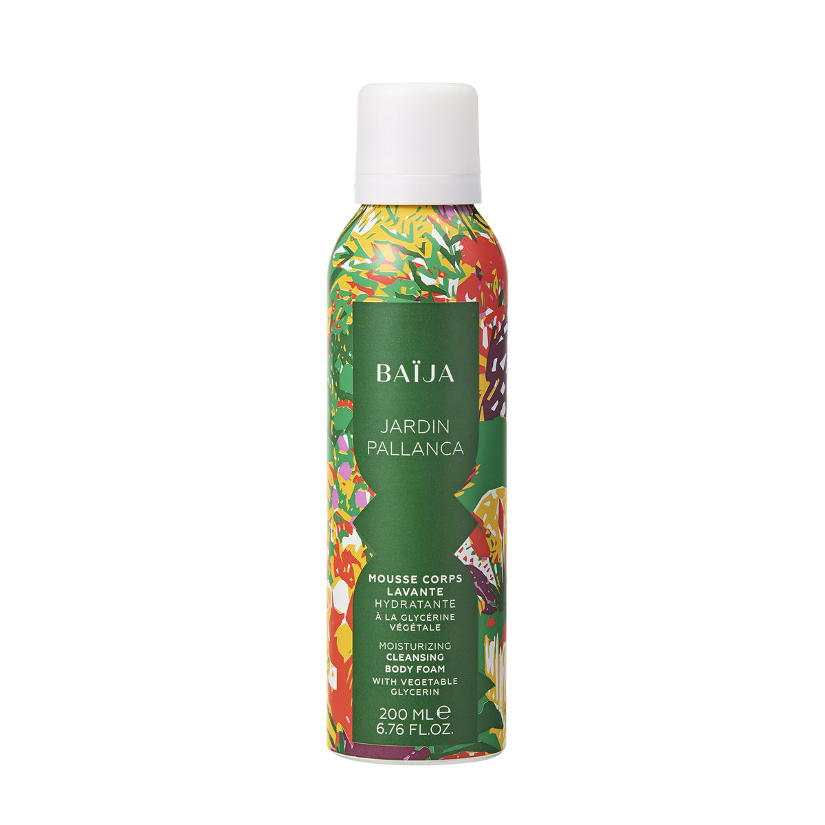 Mousse de douche Jardin Pallanca de Baïja, aux notes parfumées de cassis et de jasmin. Cette mousse lavante hydratante pour le corps, formulée à la glycérine végétale, se présente dans un flacon aérosol de 200 ml. Son packaging est décoré de motifs végétaux multicolores aux nuances vertes, jaunes, orangées et roses. Une étiquette centrale vert foncé affiche le nom Jardin Pallanca et les caractéristiques du soin. Le flacon est surmonté d'un bouchon blanc et photographié de face sur fond blanc.