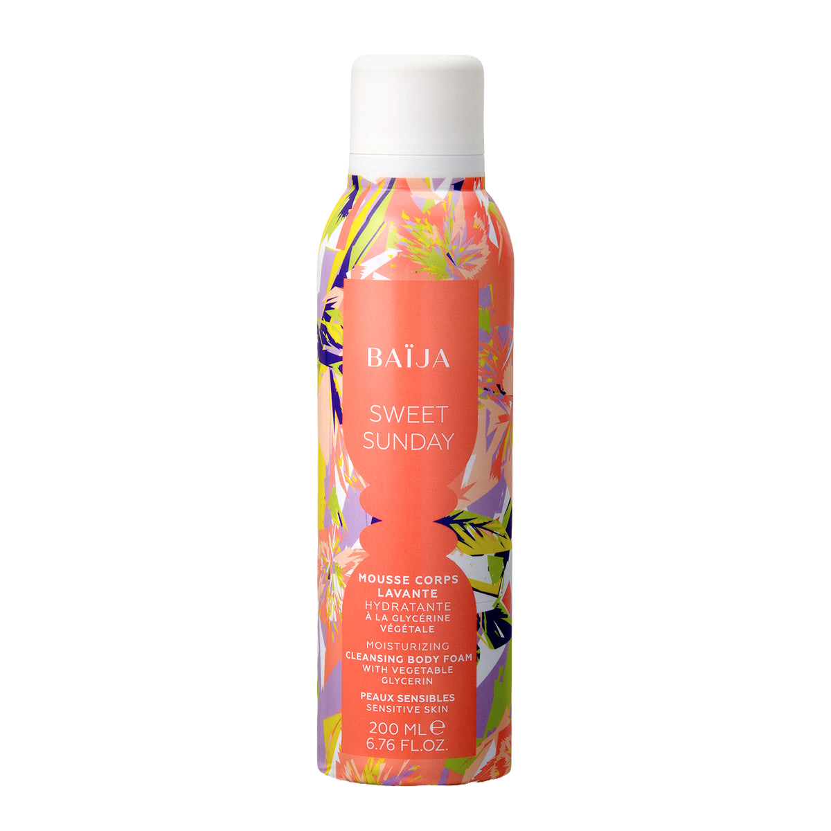 Packshot de la mousse corps lavante Sweet Sunday Baïja, soin nettoyant hydratant à la glycérine végétale.