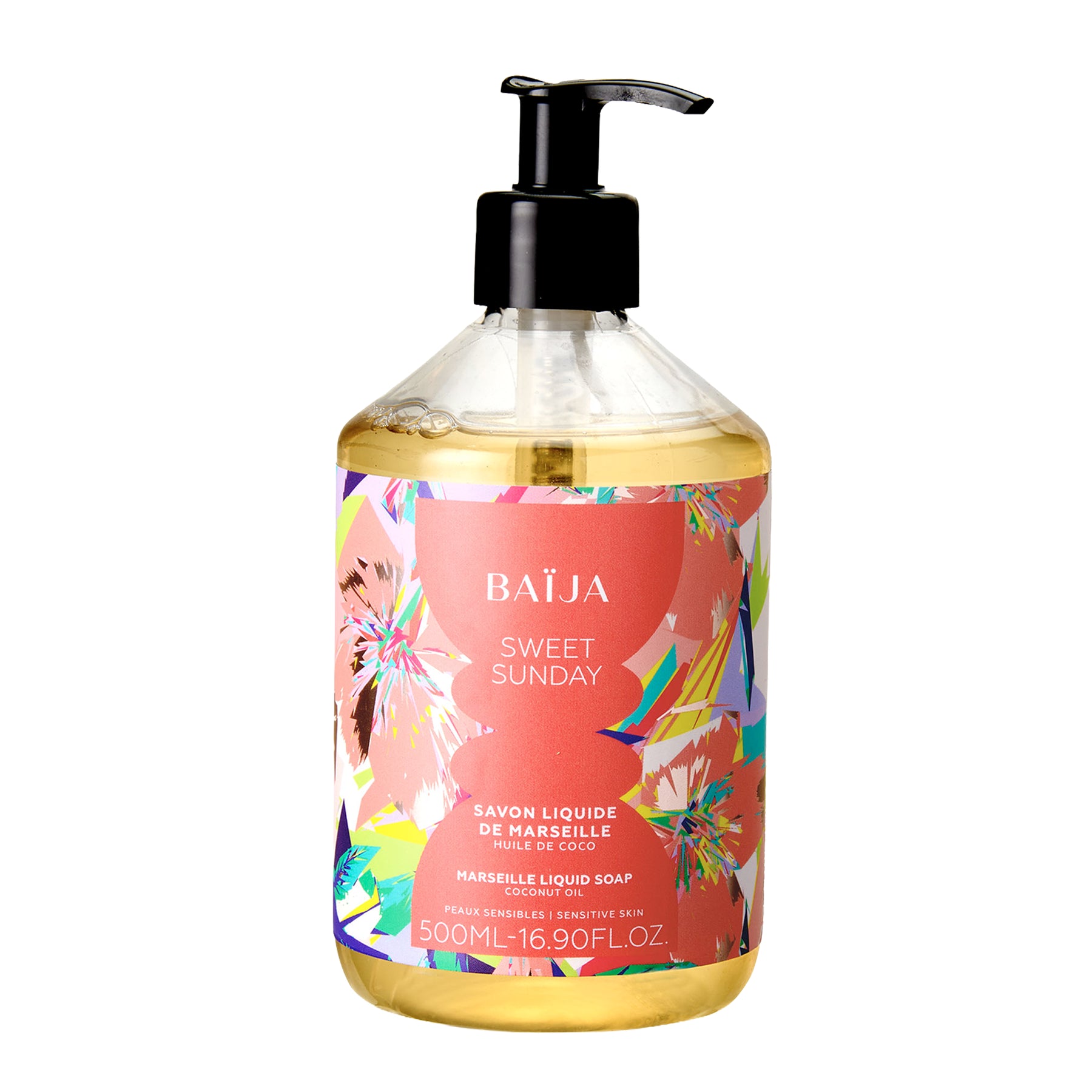 Packshot du savon liquide de Marseille Sweet Sunday Baïja, formule nettoyante à l’huile de coco pour peaux sensibles.