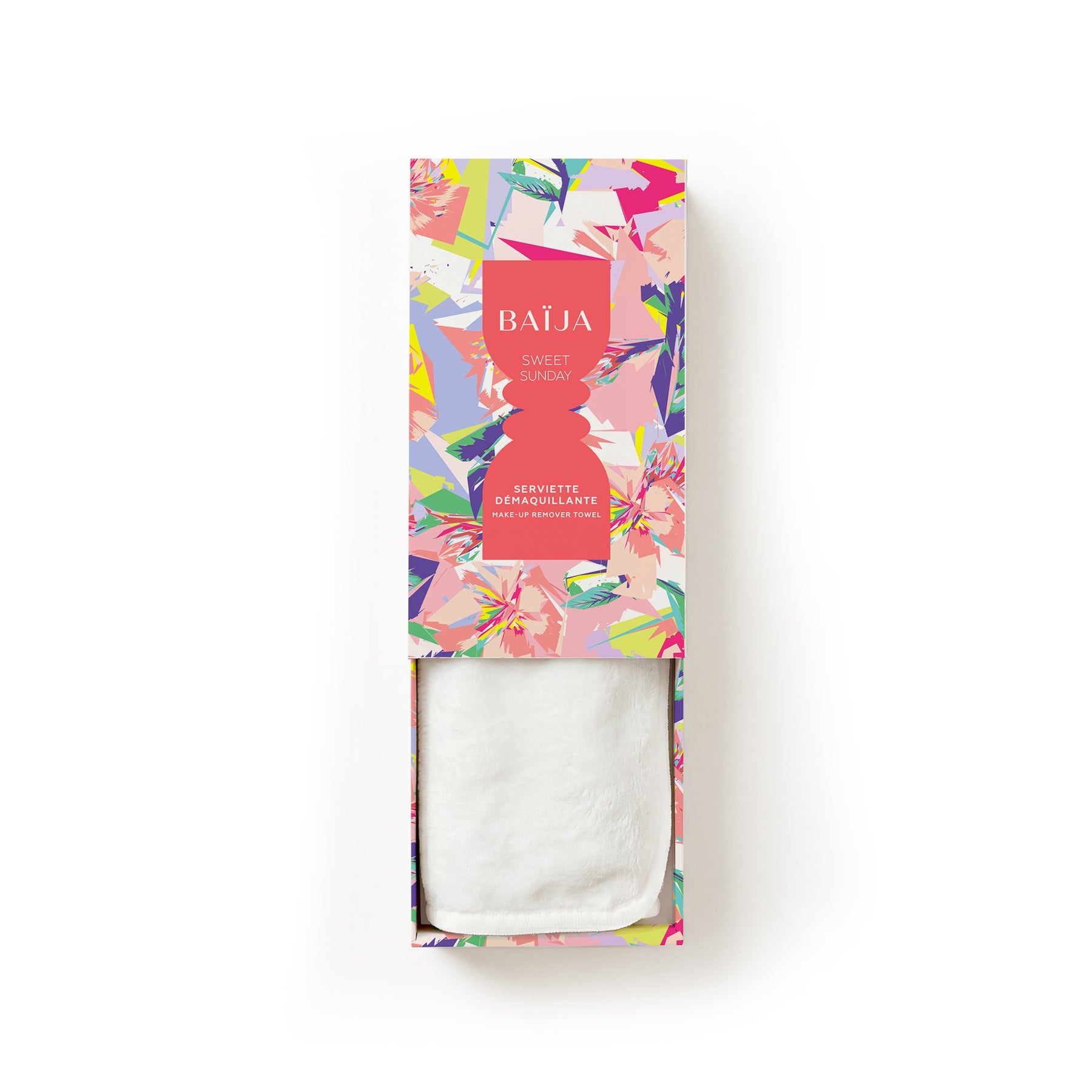 Serviette démaquillante douce et lavable Baïja Sweet Sunday, présentée dans un emballage coloré aux motifs floraux