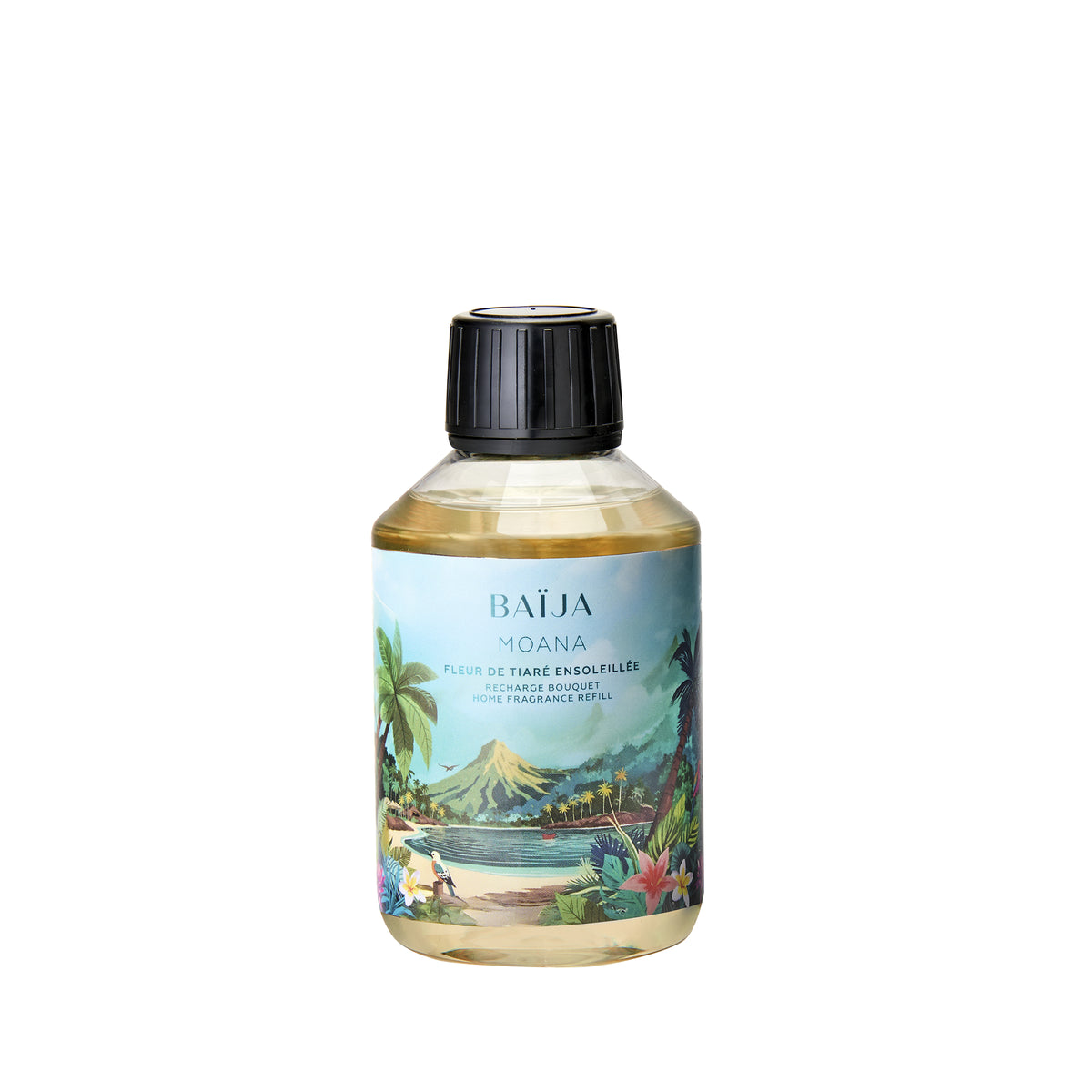 Recharge pour bouquet parfumé Moana de Baïja, à la senteur de fleur de tiaré ensoleillée. Cette recharge de parfum d'intérieur se présente dans un flacon transparent contenant un liquide légèrement doré, fermé par un bouchon noir strié. Son étiquette bleu turquoise illustre un paysage tropical avec une plage, des palmiers, des fleurs exotiques et une montagne en arrière-plan. Le produit est photographié de face sur fond blanc.