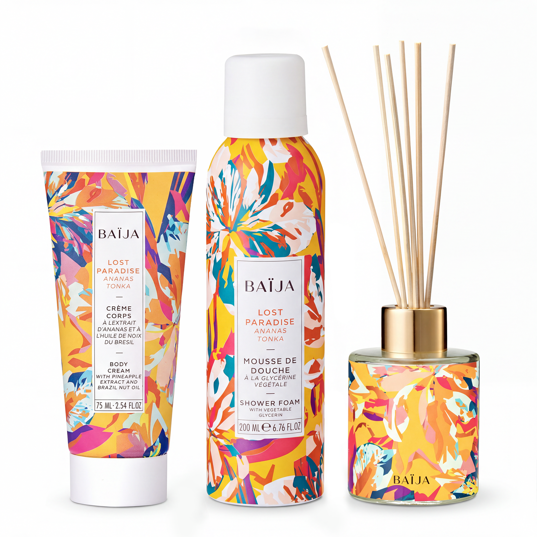 Rituel parfumé Baïja Lost Paradise réunissant crème corps, mousse de douche et diffuseur de parfum aux notes d’ananas et de fève tonka.