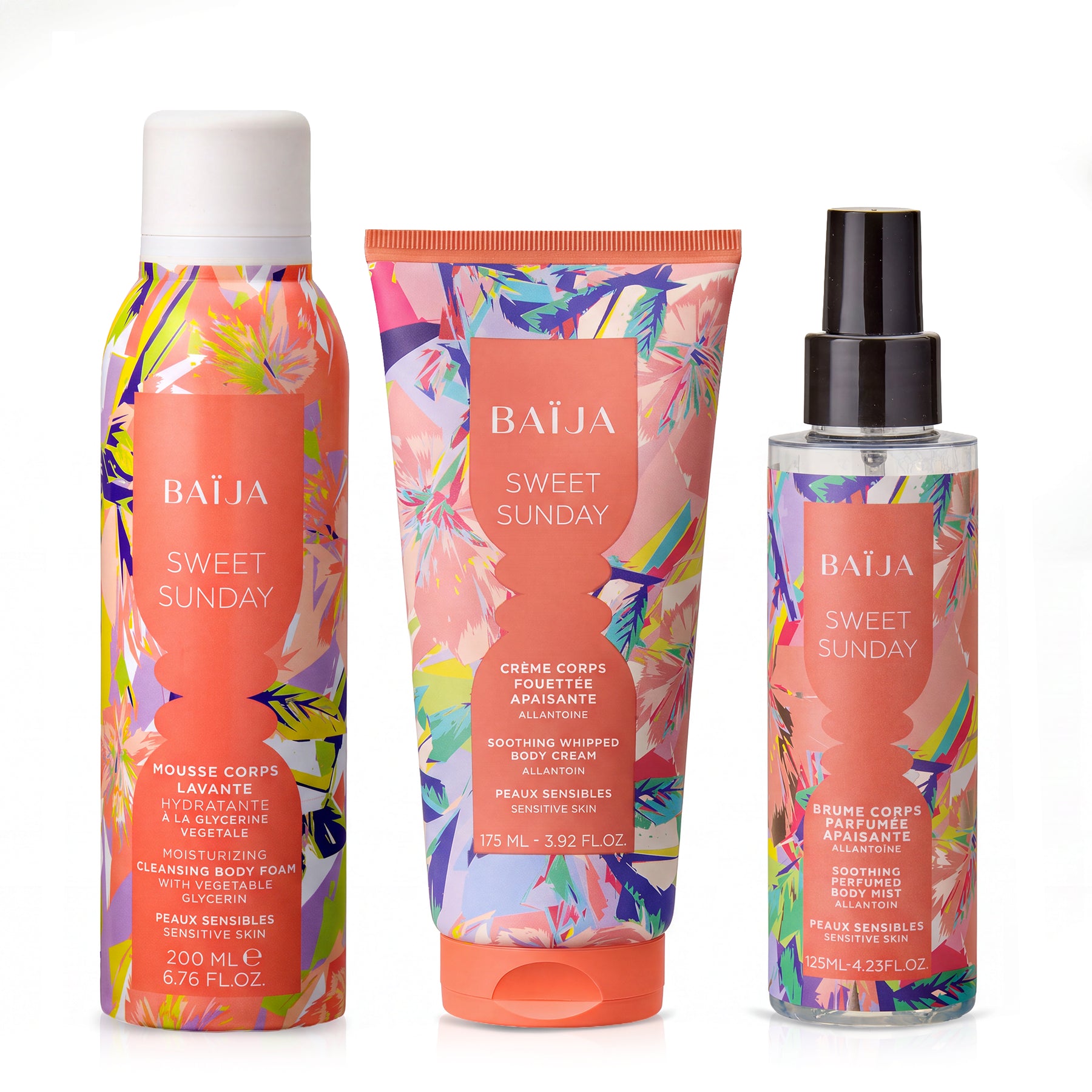 Rituel Baïja Sweet Sunday réunissant mousse corps lavante, crème corps fouettée et brume parfumée pour peaux sensibles.