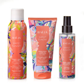 Rituel Baïja Sweet Sunday réunissant mousse corps lavante, crème corps fouettée et brume parfumée pour peaux sensibles.