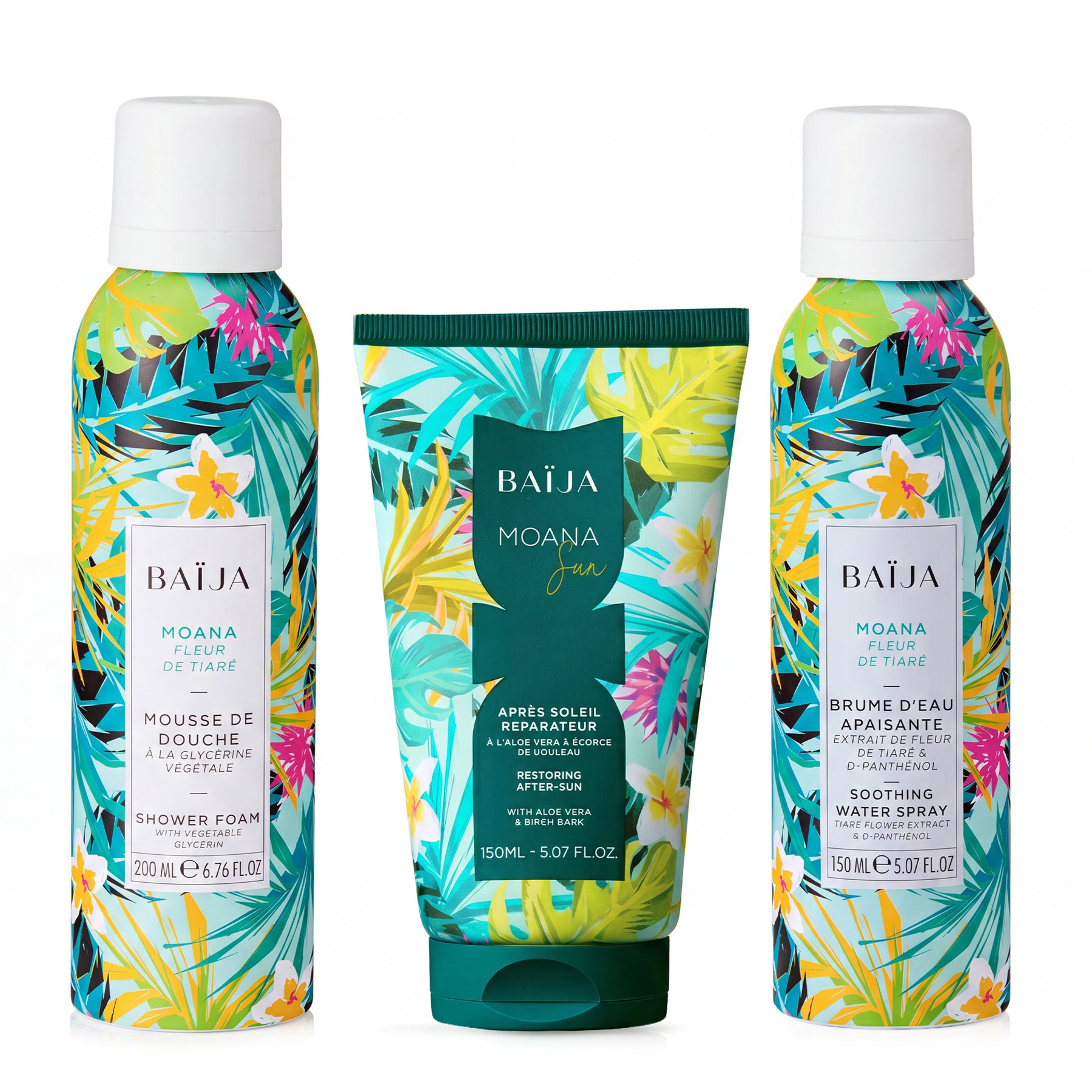 Routine après-soleil Baïja Moana composée d’une mousse de douche, d’un après-soleil réparateur et d’une brume d’eau apaisante à la fleur de tiaré.