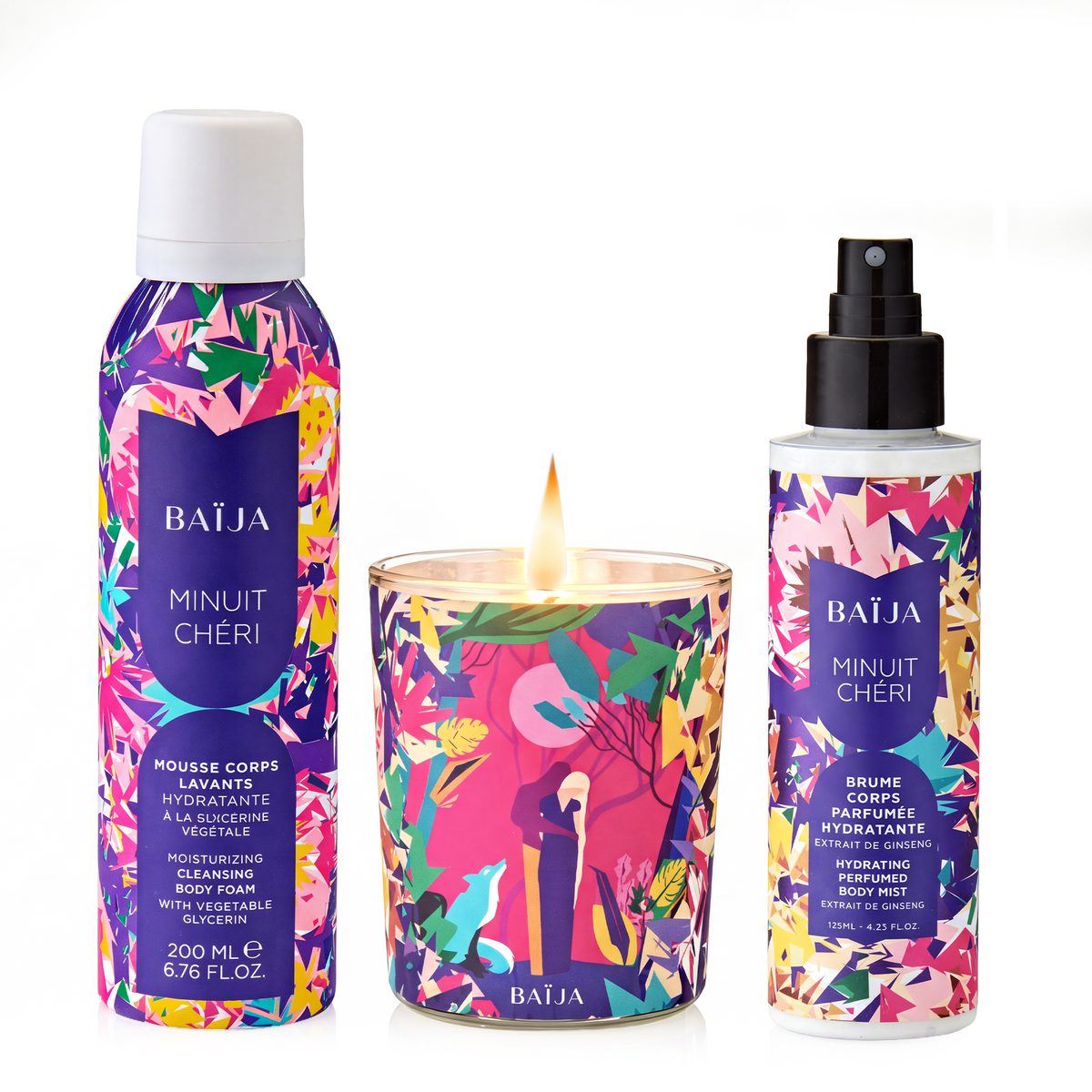 Routine Baïja Minuit Chéri avec mousse corps lavante, bougie parfumée et brume corps parfumée hydratante aux notes florales et boisées.