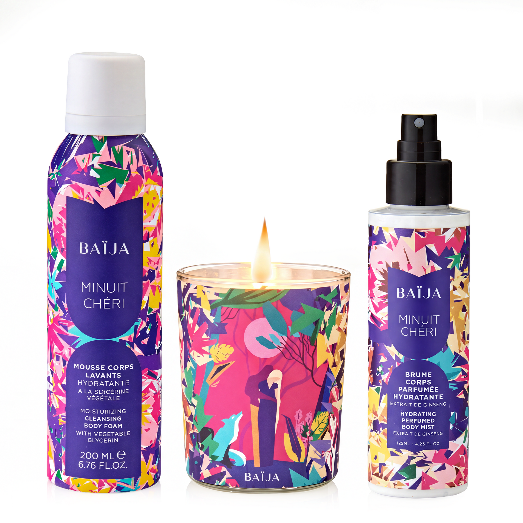 Routine Baïja Minuit Chéri avec mousse corps lavante, bougie parfumée et brume corps parfumée hydratante aux notes florales et boisées.