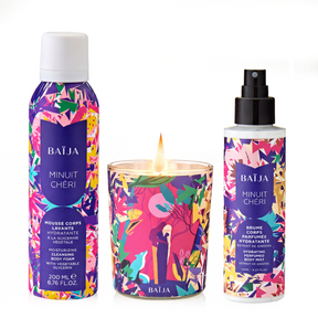 Routine Baïja Minuit Chéri avec mousse corps lavante, bougie parfumée et brume corps parfumée hydratante aux notes florales et boisées.